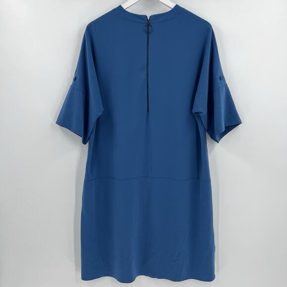 Akris Punto Drop Waist Pleated Front Mini Dress Blue Short Sleeves Zip Size 12 - Picture 6 of 12